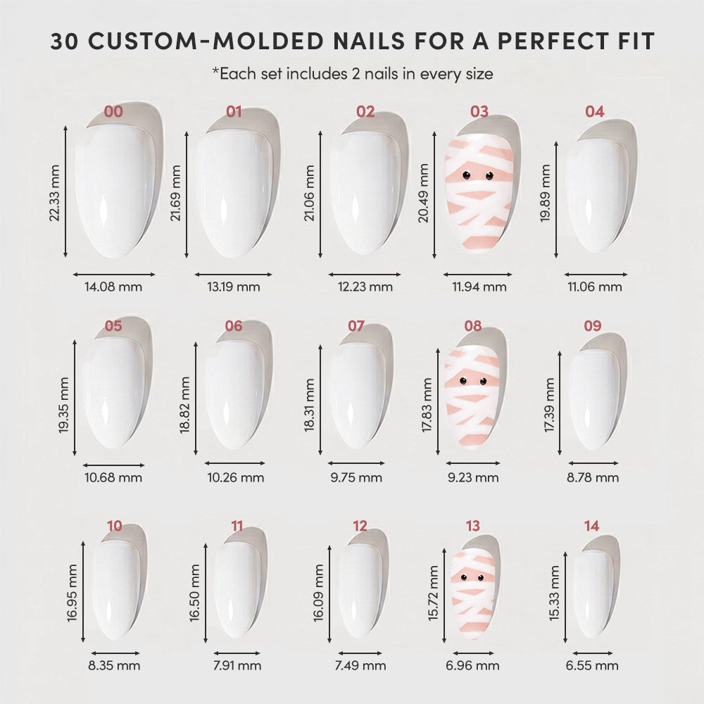 Chart displaying 15 sizes of glamnetic’s Wrapped Up custom-molded press-on nails, each labeled with dimensions in mm. Two short almond nails feature a pink and white striped, mummy-inspired design with small black eyes—a playful twist on the white mummy nail look. - Product image