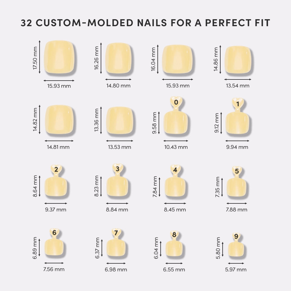 Illustration of 32 custom-molded nails with measurements on a white background - Product image