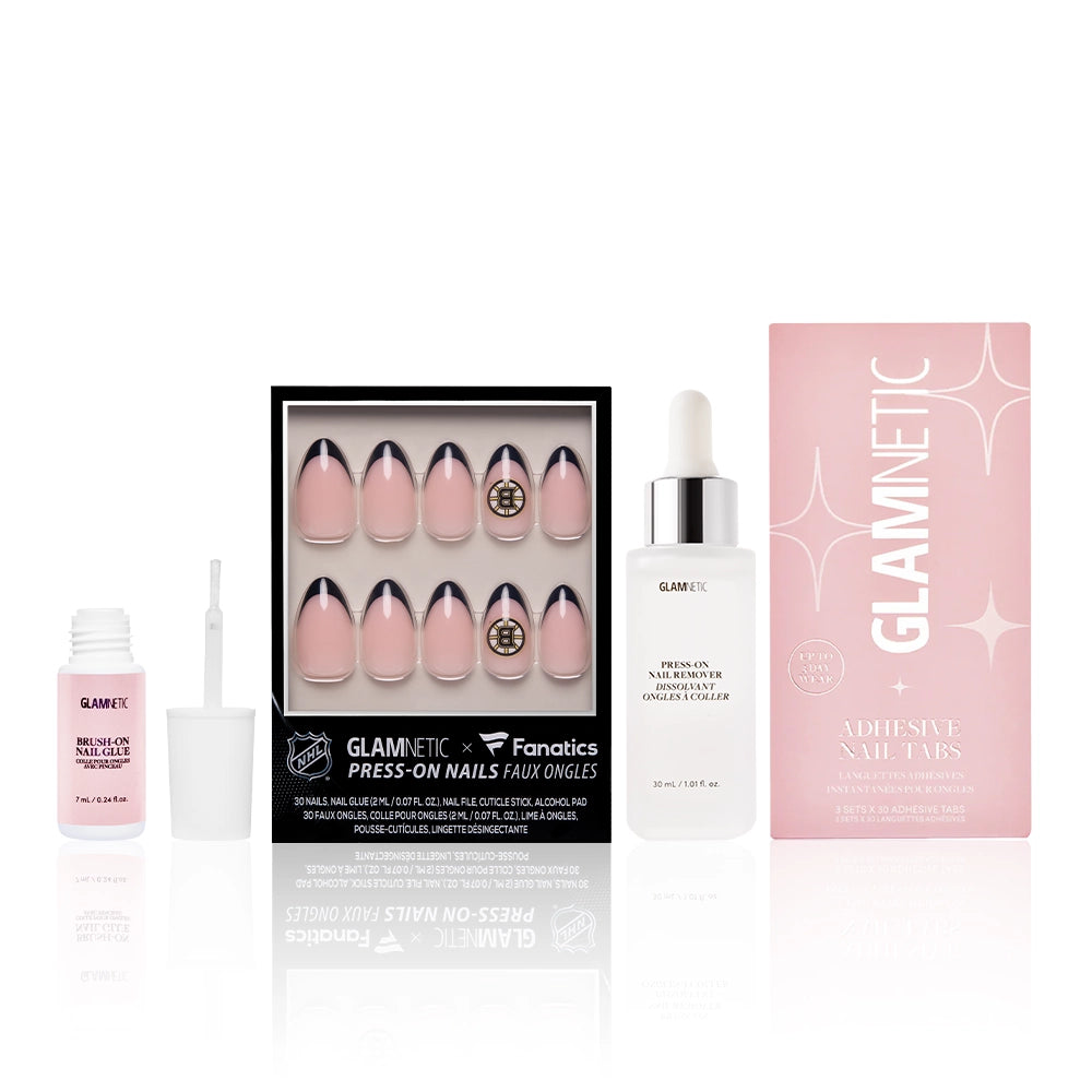A set of pink and silver press-on nails in packaging, a bottle of nail glue with an applicator, a dropper bottle labeled Cuticle Oil Elixir, and a pink box labeled Adhesive Nail Tabs by glamnetic from The NHL Lineup Bundles. - Product image