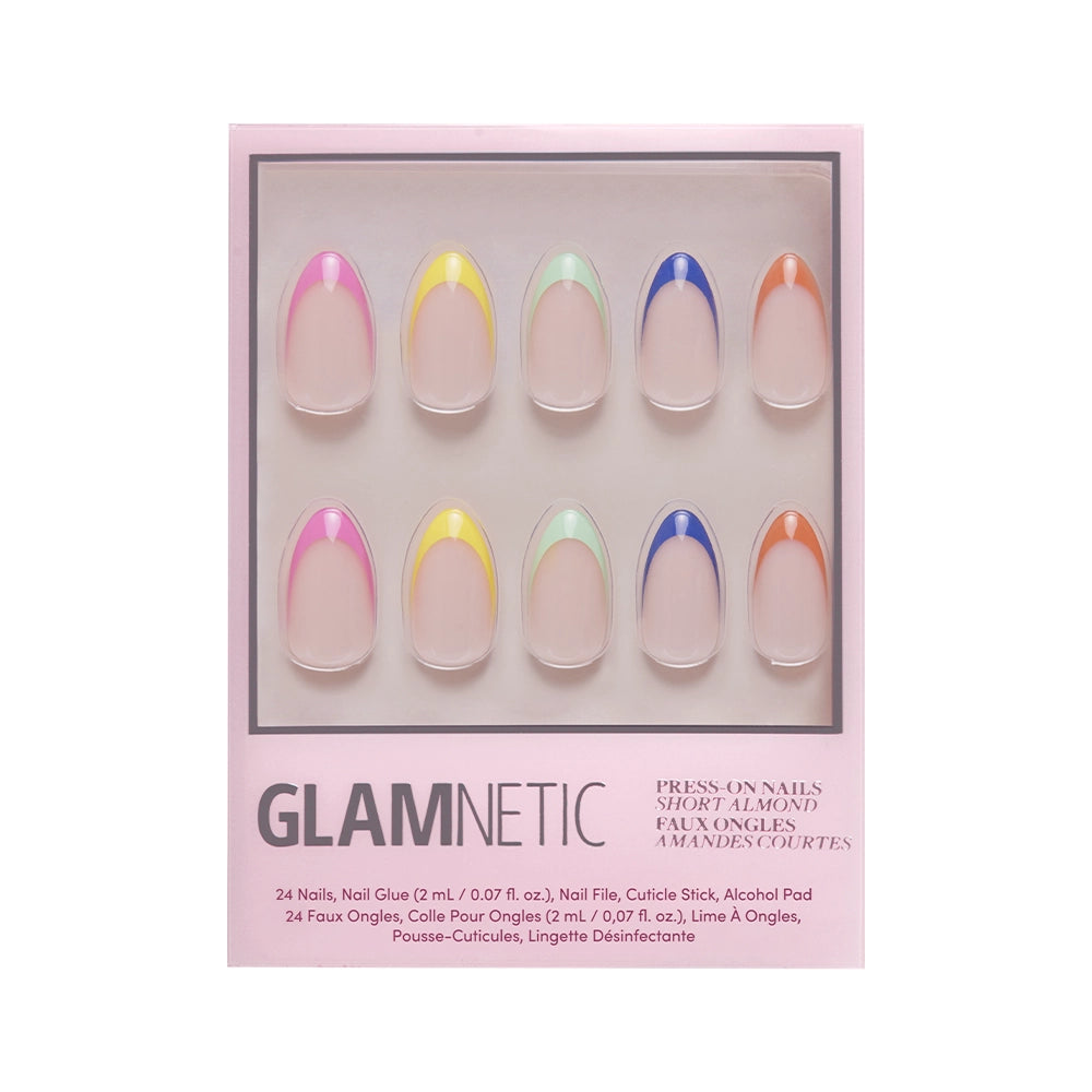 The Sprinkles press-on nails by glamnetic feature almond-shaped, semi-transparent nails with colorful French tips in pink, yellow, green, blue, and orange, displayed in a branded box.