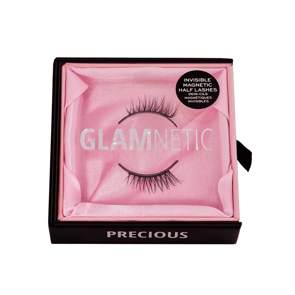 A pair of glamnetic Precious magnetic half eyelashes with Invisible Magnet Technology is shown in a pink box labeled PRECIOUS, featuring a sticker reading INVISIBLE MAGNETIC HALF LASHES. - Product image
