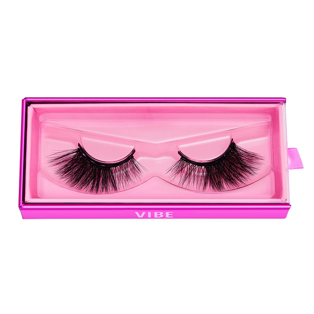 The glamnetic Vibe lashes are thick, dramatic false eyelashes made from vegan synthetic fiber, displayed in a clear plastic case with a shiny pink box labeled Vibe. - Product image