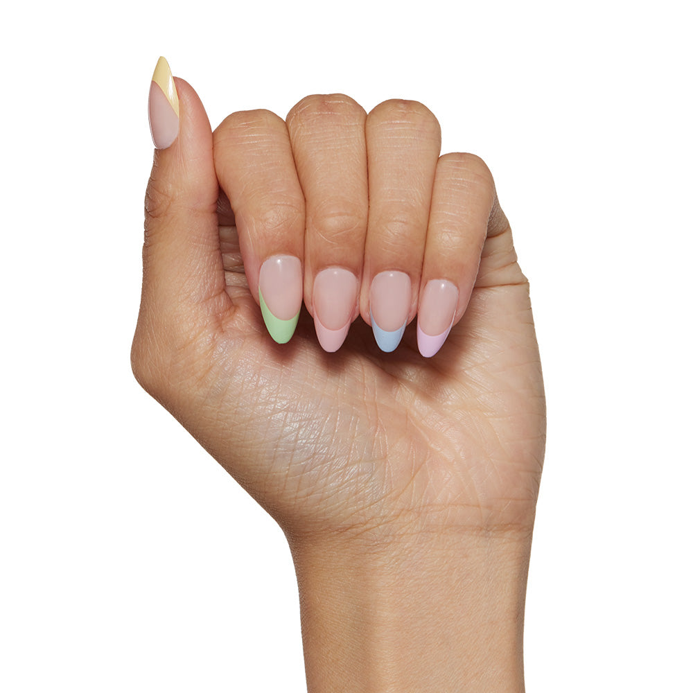 A hand with almond-shaped nails featuring pastel tips in yellow, pink, green, blue, and lavender against a white background—perfect for showcasing glamnetic’s Confetti press-on nails. - Product image