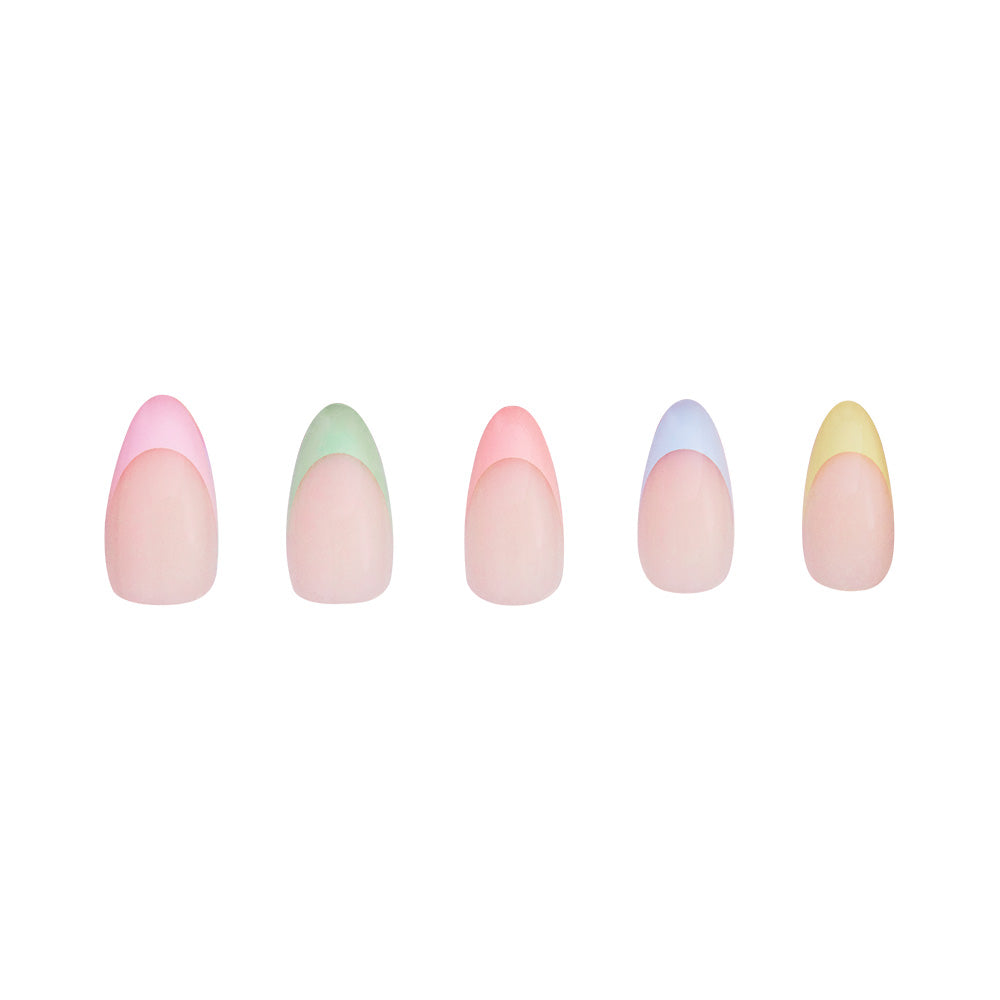 Five almond-shaped fingernails with pastel French tips in pink, green, peach, blue, and yellow on a white background showcase the playful elegance of Confetti Press-On Nails by glamnetic. - Product image