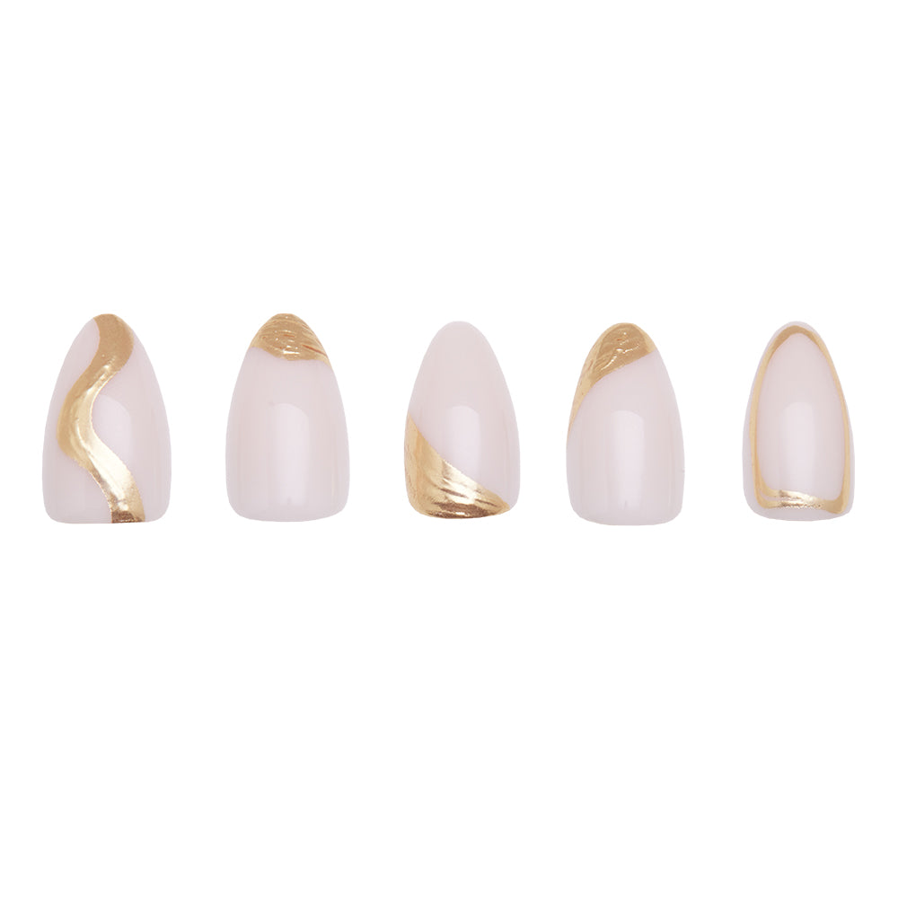 Five short almond artificial nails from the glamnetic Material Girl set, featuring a pale pink base with deluxe gold foil and unique metallic accents, displayed in a row on a white background. - Product image