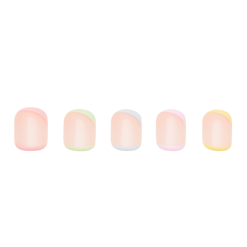 Glamnetic’s Tutti Frutti features five super short vegan, cruelty-free nails with a nude base and pastel pink, green, blue, purple, and yellow tips—arranged in a row on a white background for a chic look. - Product image