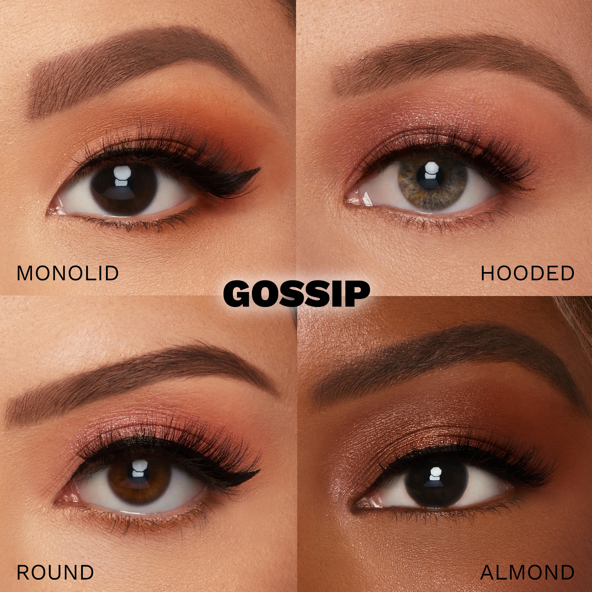 A collage displays close-up eye makeup looks for monolid, hooded, round, and almond shapes. Centered is “GOSSIP” in bold—highlighting Glamnetic’s Gossip lashes crafted from Japanese high-quality synthetic fiber. - Product image