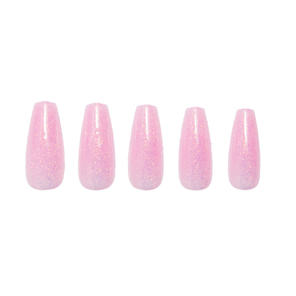 Five glossy pink, coffin-shaped “Juicy” press-on nails by glamnetic, featuring a light iridescent finish, are arranged in a row against a white background, evoking early 2000s vibes. - Product image