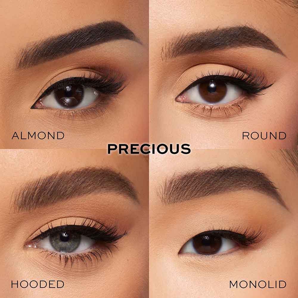 A collage displays four eye shapes—almond, round, hooded, and monolid—with close-ups labeled to show their features. Perfect for glamnetic Magnetic Lash fans aiming to achieve a Cat-Eye look using the Precious lashes on any eye type. - Product image