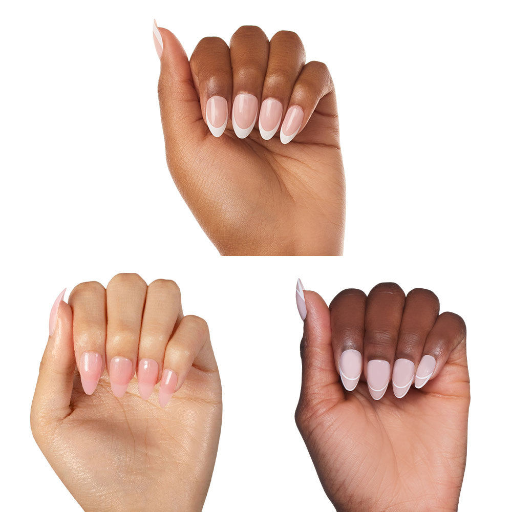 Three hands with manicured nails in varied skin tones display almond-shaped nails in light pink and French tip styles using glamnetic Simple & Clean Nail Glue against a white background. - Product image
