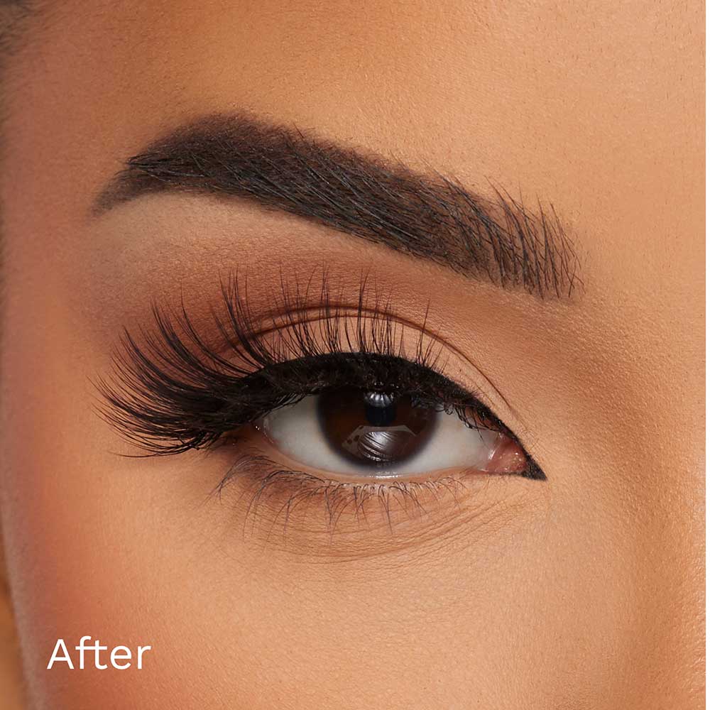 A close-up of a womans eye showcases well-defined brows and long, voluminous Vacay lashes by glamnetic, crafted from vegan-friendly synthetic fibers. After appears in the bottom left, highlighting the beauty transformation.
