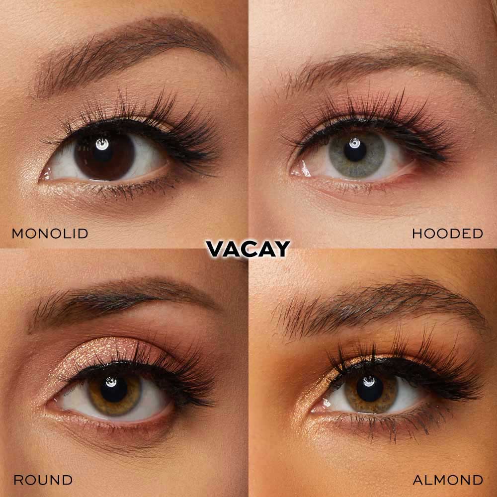 A collage displays four close-ups of monolid, hooded, round, and almond eyes wearing long, voluminous vegan lashes by glamnetic. Natural makeup enhances each look. The word Vacay is centered in the middle. - Product image