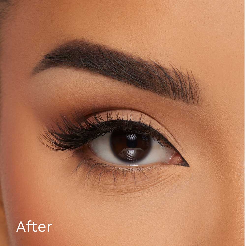 Close-up of a womans right eye with flawless makeup, perfectly groomed brow, and long curled lashes in a subtle wing, wearing glamnetic Venus vegan lashes. After appears in white text at the bottom left corner.