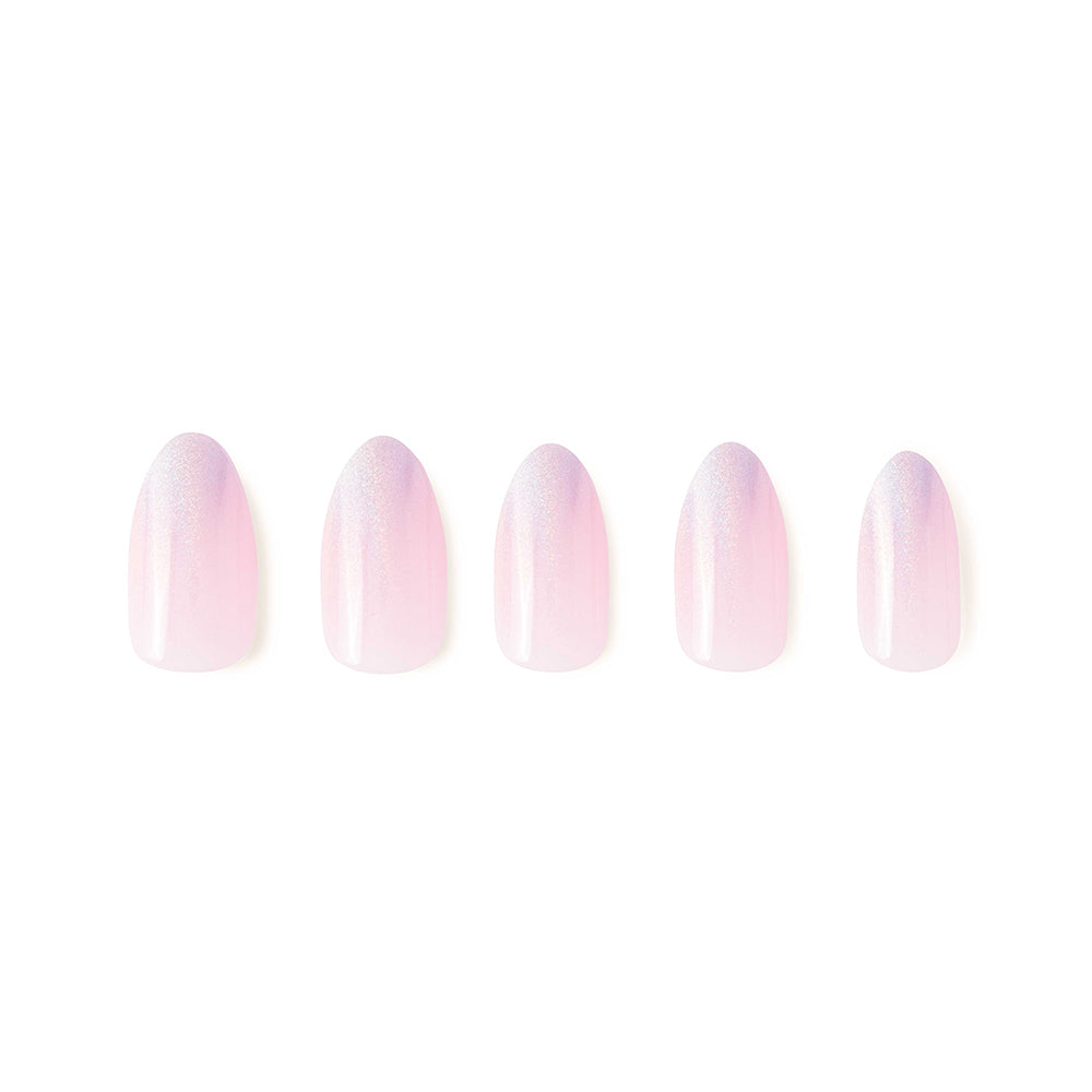 Five almond-shaped artificial nails from glamnetics Winter Storm set are arranged in a row, each featuring a glossy, light pink semi-transparent finish on a white background. - Product image