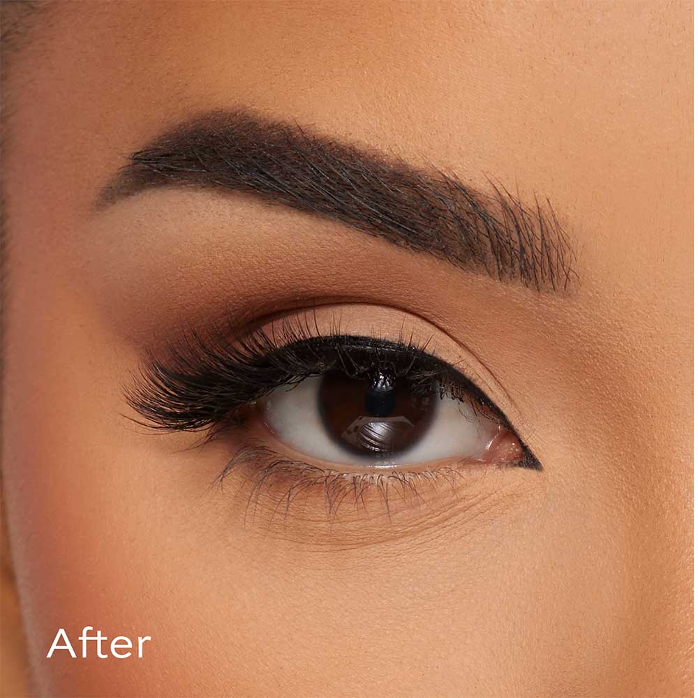 A close-up of an eye with glamnetic Gossip lashes, crafted from Japanese high-quality synthetic fiber, plus winged liner, voluminous lashes, groomed brow, and matte eyeshadow. “After” is shown in the bottom left corner.