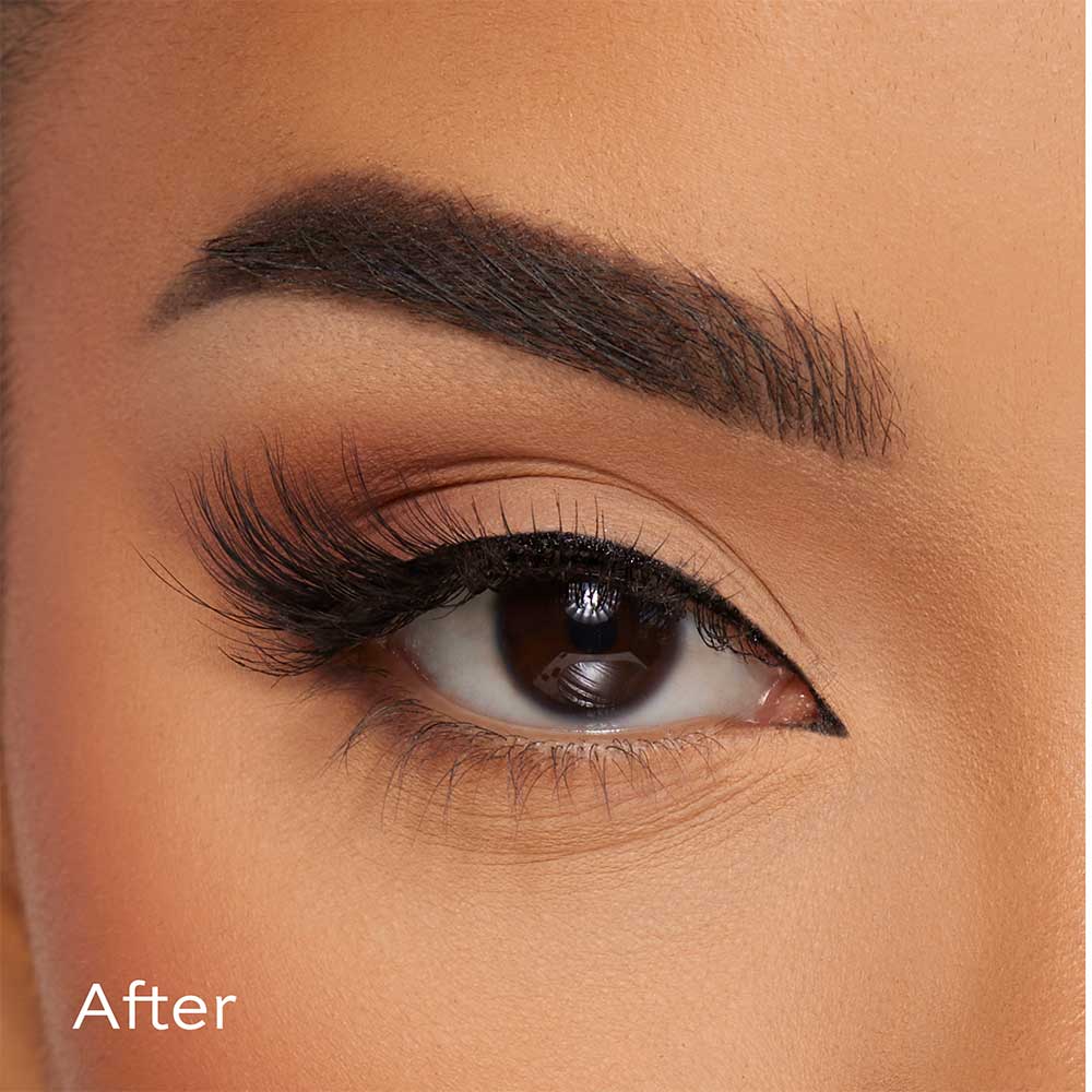 A close-up of a womans eye showcases the glamnetic Princess magnetic lashes, neatly groomed brows, and subtle eyeshadow. After appears in the lower left corner, highlighting a beauty transformation with glamnetic Princess lashes.