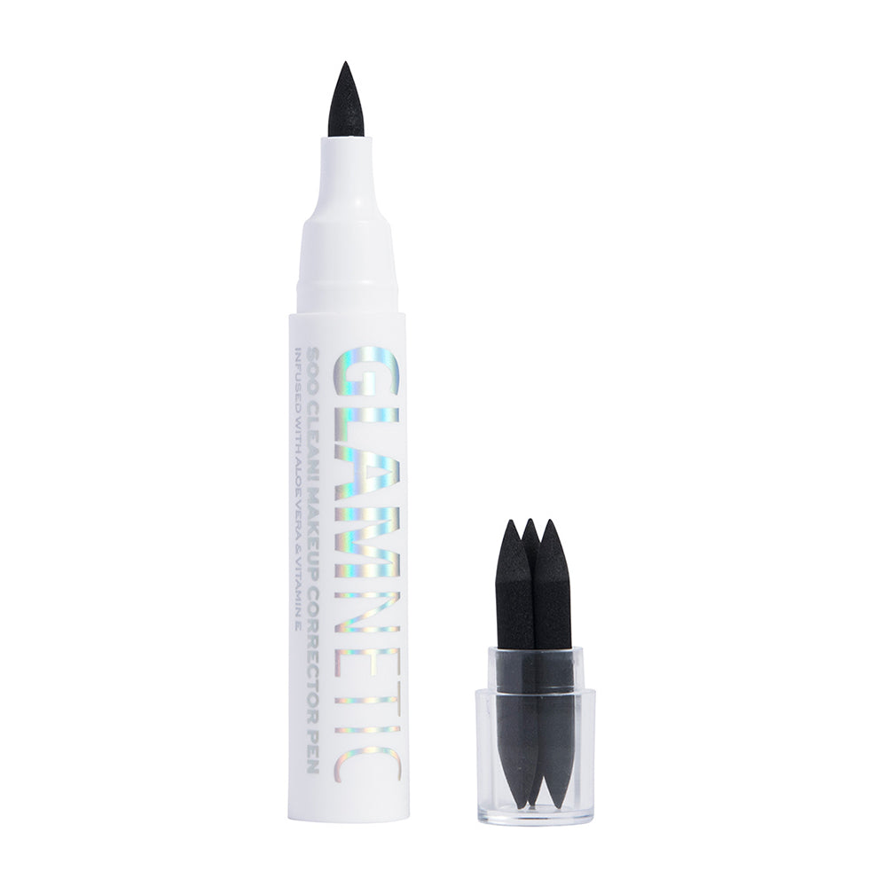 The glamnetic Soo Clean! Jumbo Pen is a white makeup corrector pen with Aloe Vera and Vitamin E, featuring a black felt tip. It stands upright beside a clear cap holding three extra replacement tips.